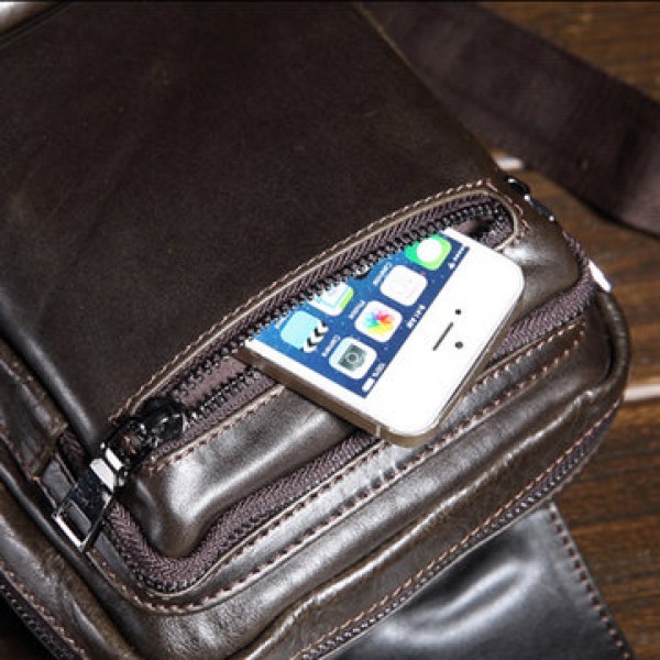 Men Genuine Leather Multifunctional Retro Coffee Crossbody Bag Cycling Leisure Sports Shoulder Bag