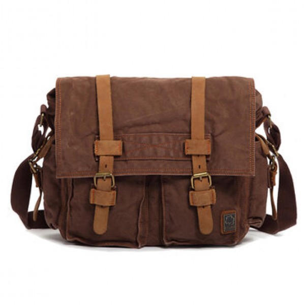 Men Cowhide Canvas Messenger Bag Vintage Fashion Shoulder Crossbody Bag