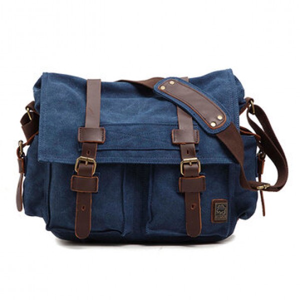 Men Cowhide Canvas Messenger Bag Vintage Fashion Shoulder Crossbody Bag