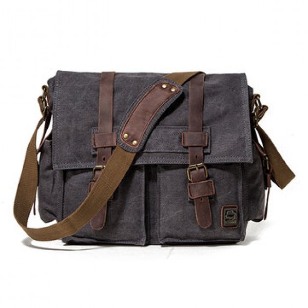 Men Cowhide Canvas Messenger Bag Vintage Fashion Shoulder Crossbody Bag