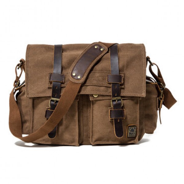 Men Cowhide Canvas Messenger Bag Vintage Fashion Shoulder Crossbody Bag
