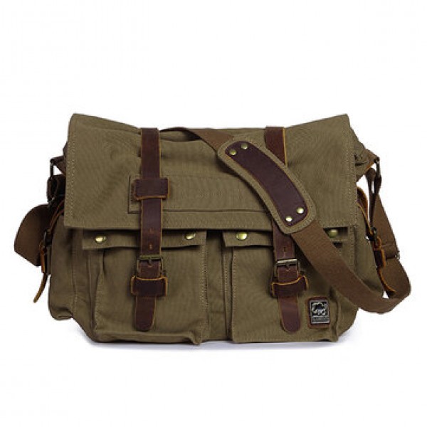 Men Cowhide Canvas Messenger Bag Vintage Fashion Shoulder Crossbody Bag