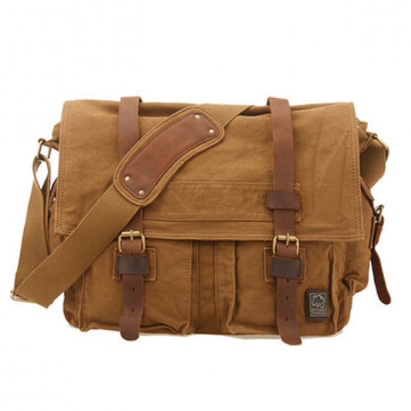 Men Cowhide Canvas Messenger Bag Vintage Fashion Shoulder Crossbody Bag