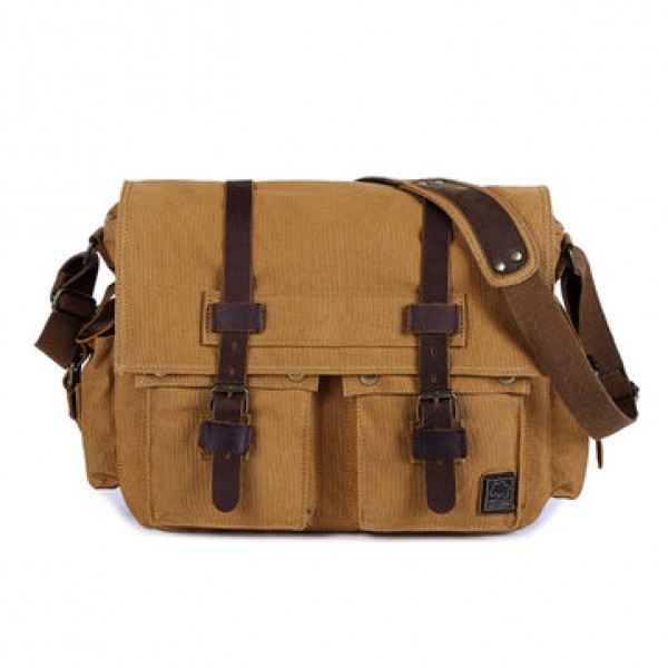 Men Cowhide Canvas Messenger Bag Vintage Fashion Shoulder Crossbody Bag