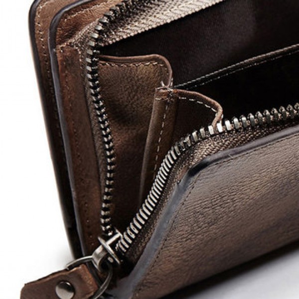 Vintage Genuine Leather Large Capacity Multi-slot Zipper Pocket Wallet For Men