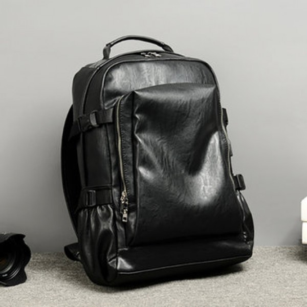 Men Business PU Leather Solid Backpack Casual Computer Bag