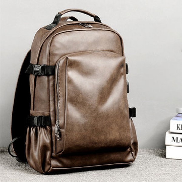 Men Business PU Leather Solid Backpack Casual Computer Bag