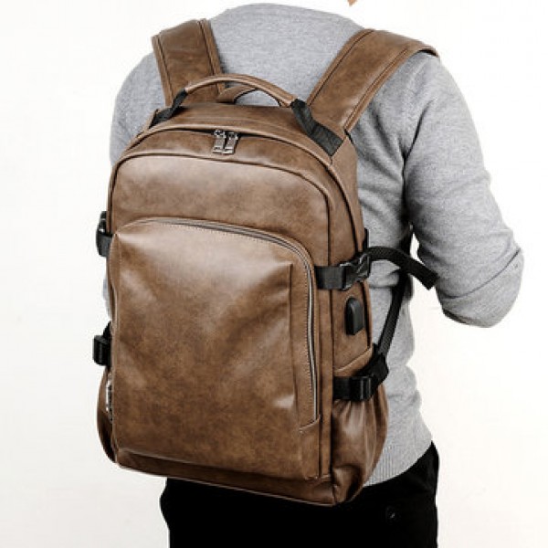 Men Business PU Leather Solid Backpack Casual Computer Bag
