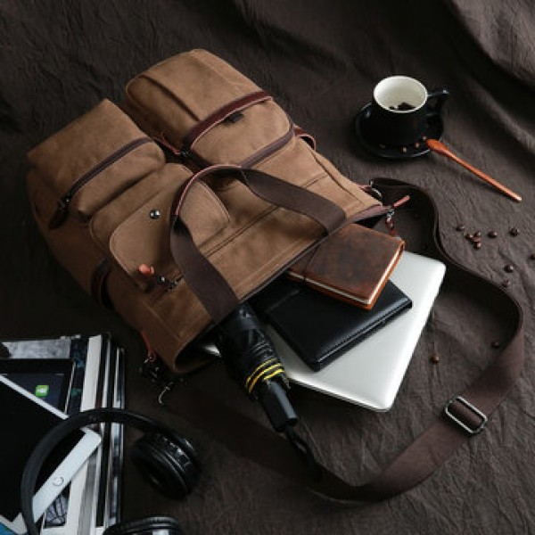 Men Canvas Large Capacity Multi-slot Crossbody Bag Business Computer Handbag Outdoor Travel